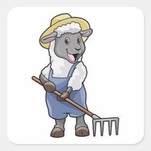 Sheep as Farmer with Rake & Hat Square Sticker