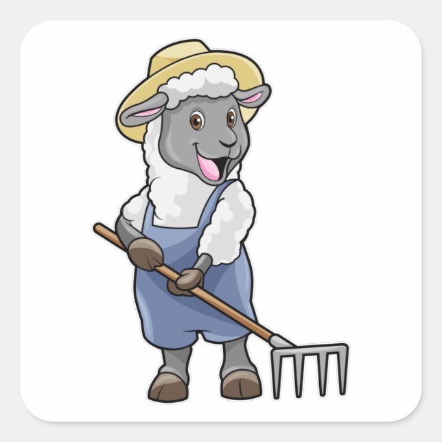 Sheep as Farmer with Rake & Hat Square Sticker (Front)