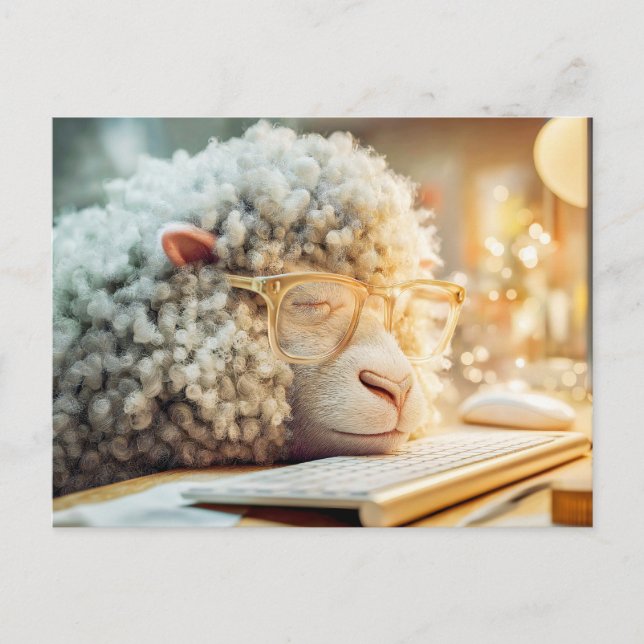 Sheep asleep at the computer with glasses holiday postcard (Front)