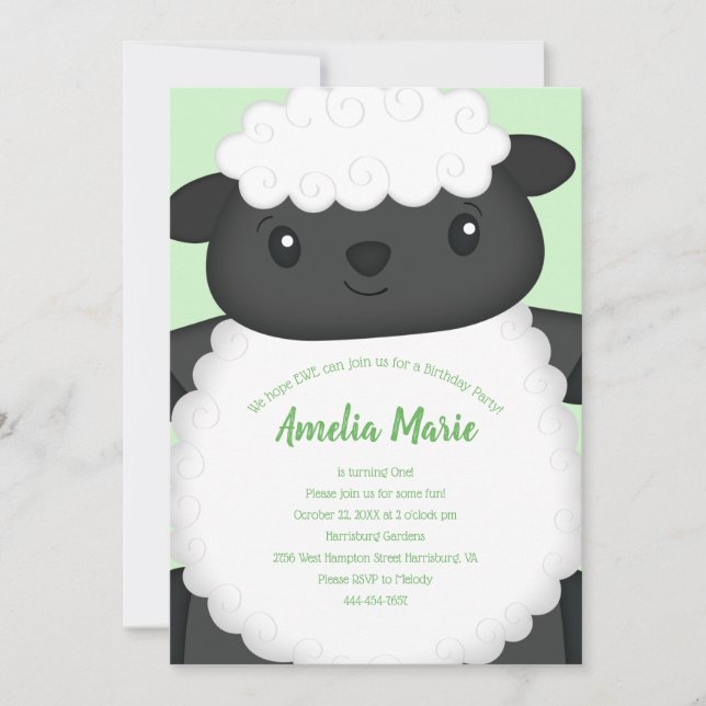 Sheep Birthday Party Green Invitation (Front)