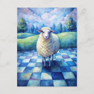 Sheep Blue Chequered Checking on Friend Postcard