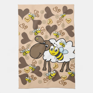 Sheep Brown Hearts Bee Kitchen Hand Towel
