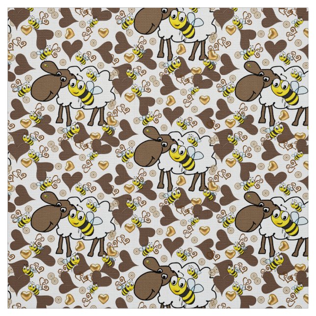 Sheep Brown Hearts Bumblebee Fabric (Swatch)