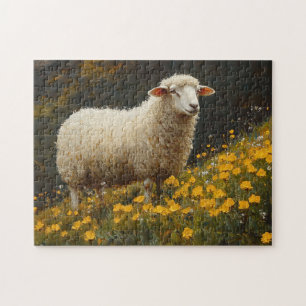 Sheep Buttercup Flowers Painting Jigsaw Puzzle