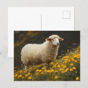 Sheep Buttercup Flowers Painting Postcard