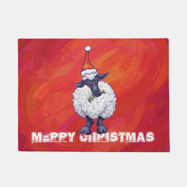Sheep Christmas On Red Doormat (Front)