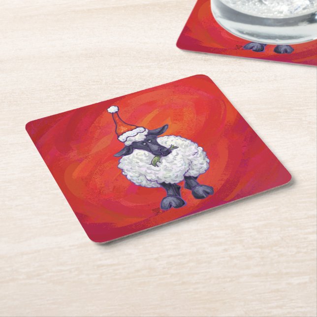 Sheep Christmas On Red Square Paper Coaster (Angled)