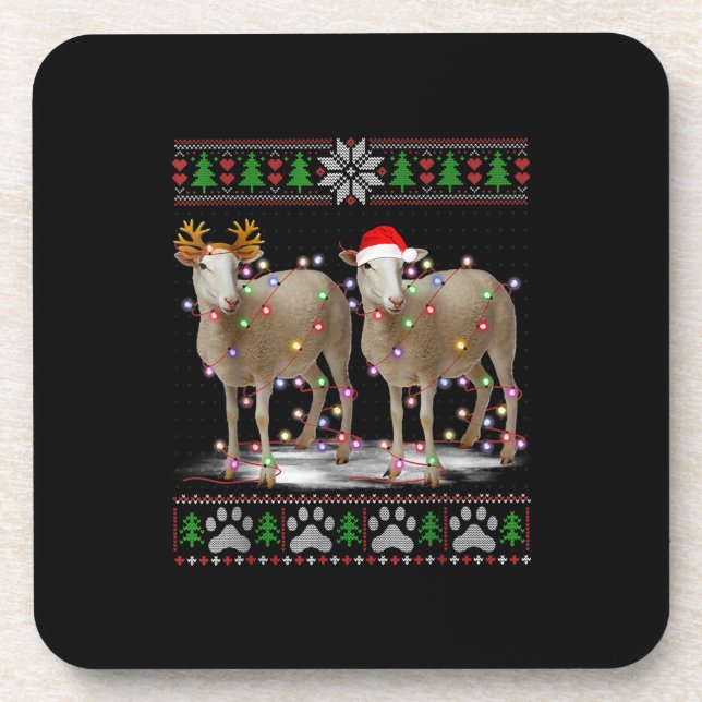 Sheep Christmas Tree Lights | Santa Animal Gift Coaster (Front)