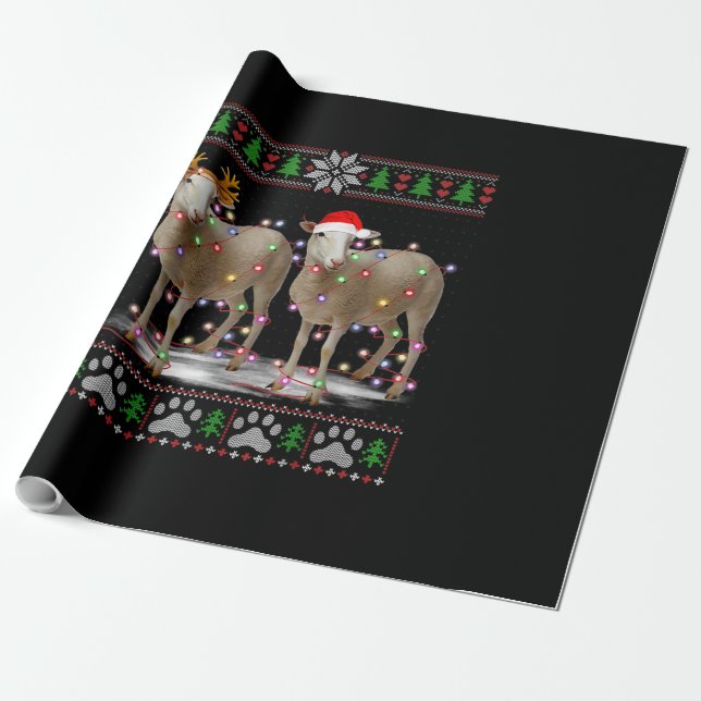 Sheep Christmas Tree Lights | Santa Animal Gift Wrapping Paper (Unrolled)