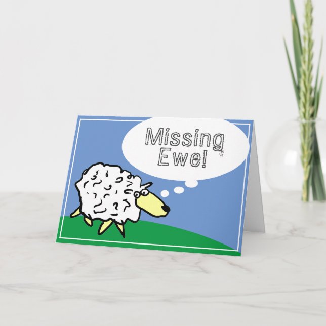 Sheep Design Cartoon with Missing Ewe Pun Card (Front)