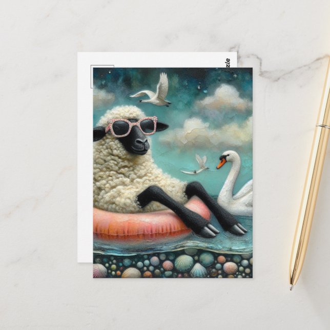  Sheep enjoys Floating in a Lake with Swans Postcard (Front/Back In Situ)