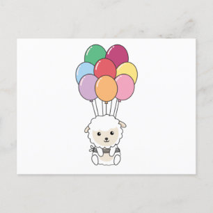 Sheep Flies Up With Colourful Balloons Postcard