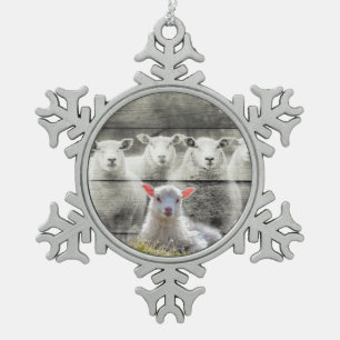 Sheep Flock Baby Lamb Snowflake Pewter Christmas Ornament