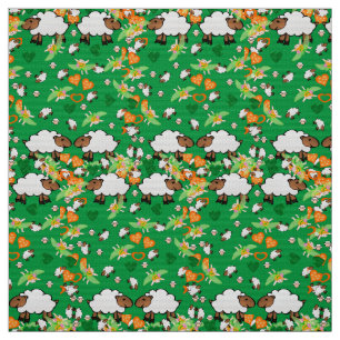 Sheep Floral Green Hearts Fabric