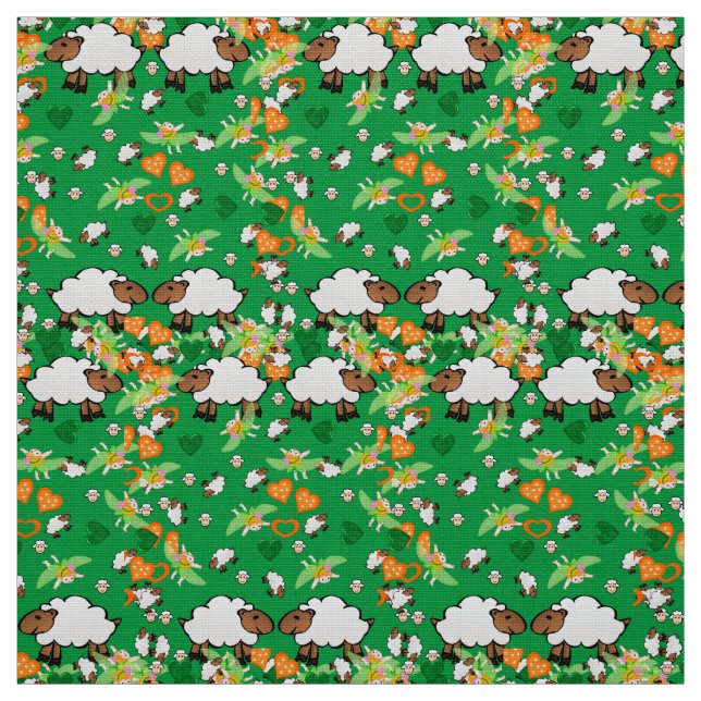 Sheep Floral Green Hearts Fabric (Swatch)