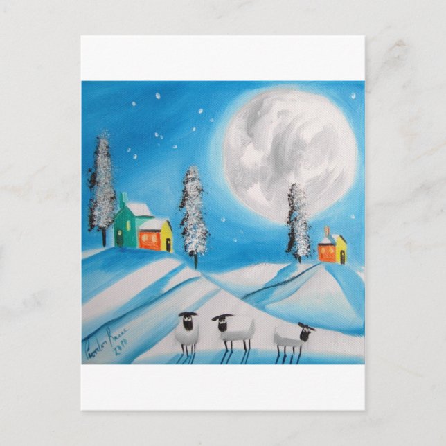 SHEEP FULL MOON FOLK ART POSTCARD (Front)