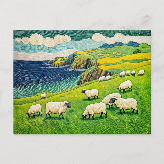 Sheep Grazing by Dramatic Coastal Cliffs Holiday Postcard (Front)