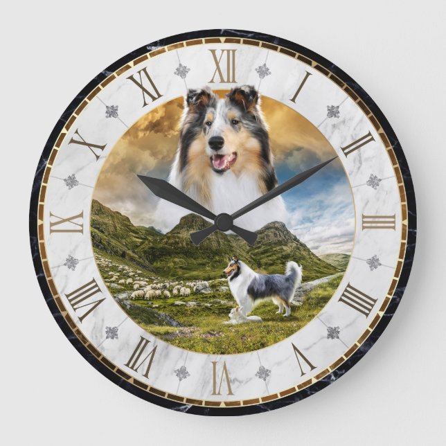 Sheep Herding Blue Merle Rough Collie Dog - Large Clock (Front)