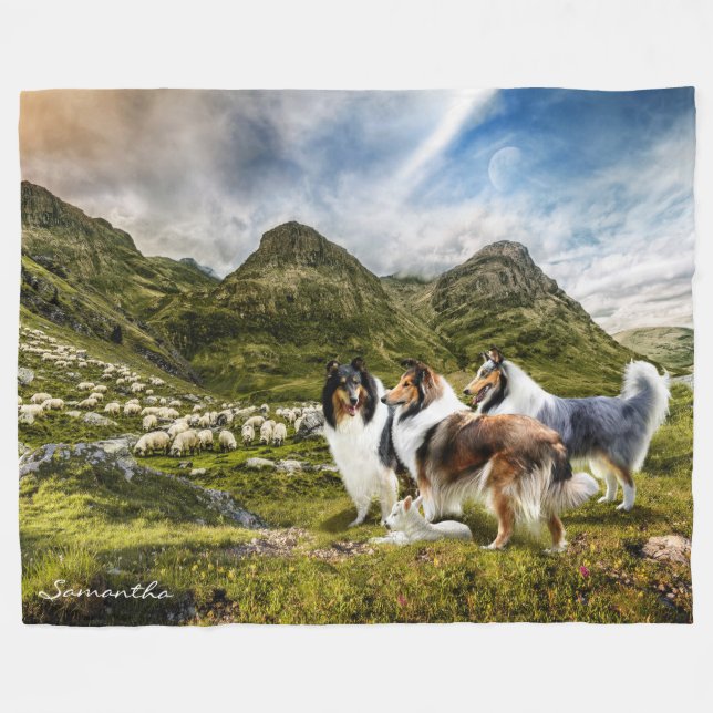 Sheep Herding Rough Collies - Personalised Fleece Blanket (Front (Horizontal))