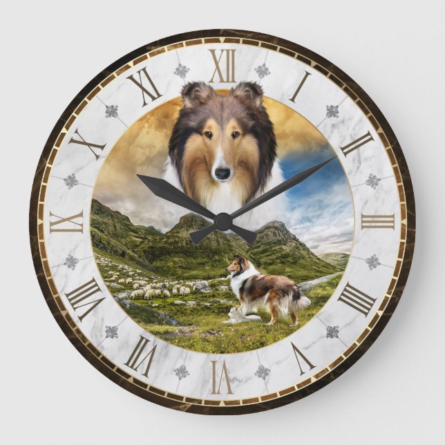Sheep Herding Sable Rough Collie Dog, Roman Dial - Large Clock (Front)