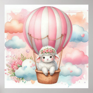 Sheep Hot Air Balloon Girl Poster