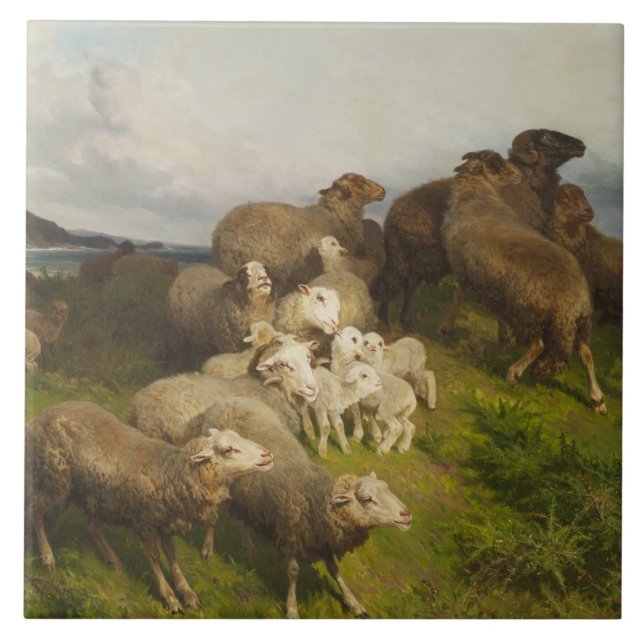 Sheep in a Meadow (by August Friedrich Schenck) Ceramic Tile (Front)