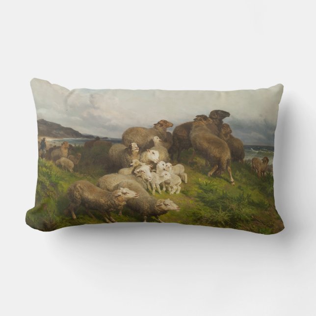 Sheep in a Meadow (by August Friedrich Schenck) Lumbar Cushion (Front)