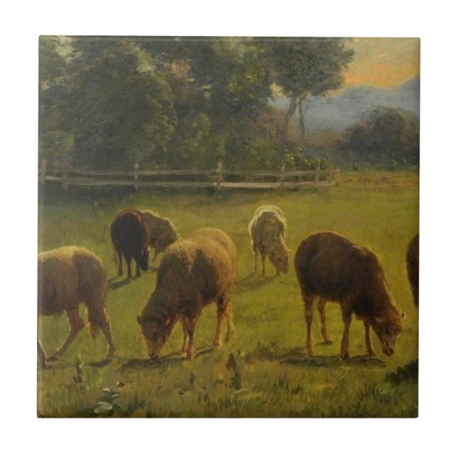 Sheep in a Rural Landscape (French Farm) Ceramic Tile (Front)