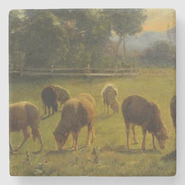 Sheep in a Rural Landscape (French Farm) Stone Coaster (Front)