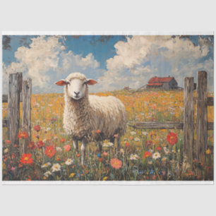 Sheep in a Wildflower Field Rustic Farm Decoupage Tissue Paper