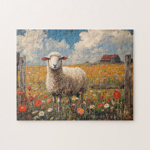 Sheep in a Wildflower Field Rustic Farm Jigsaw Puzzle