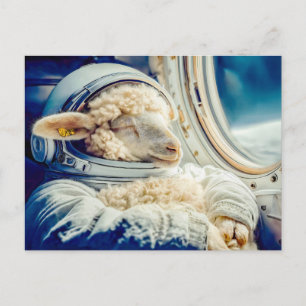 Sheep in astronaut suit floating in space holiday postcard