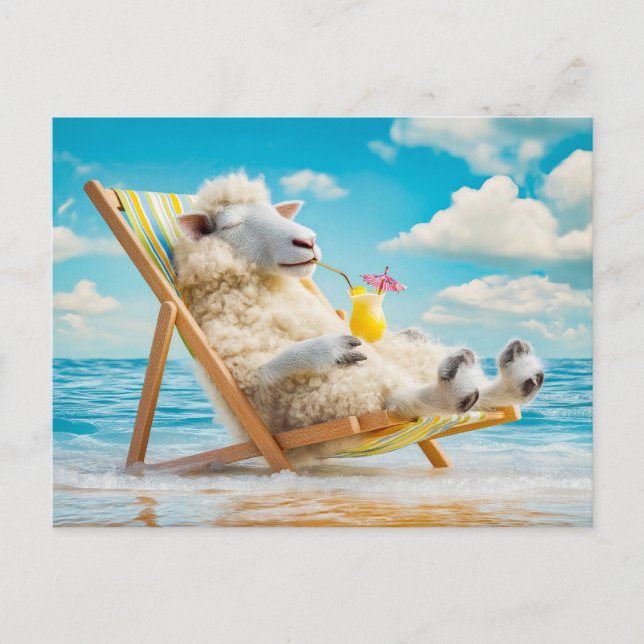 Sheep in deck chair with cocktail illustration holiday postcard (Front)