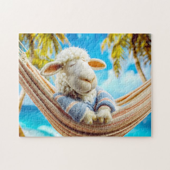 Sheep in hammock under palm tree jigsaw puzzle (Horizontal)