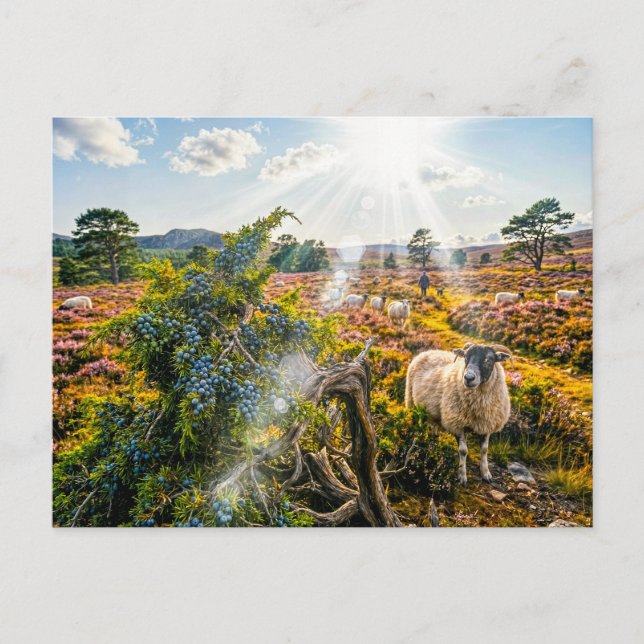 Sheep in heath with juniper tree postcard (Front)