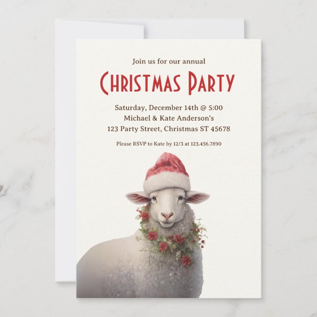 Sheep in Santa Hat Farm Animal Christmas Party Invitation (Front)