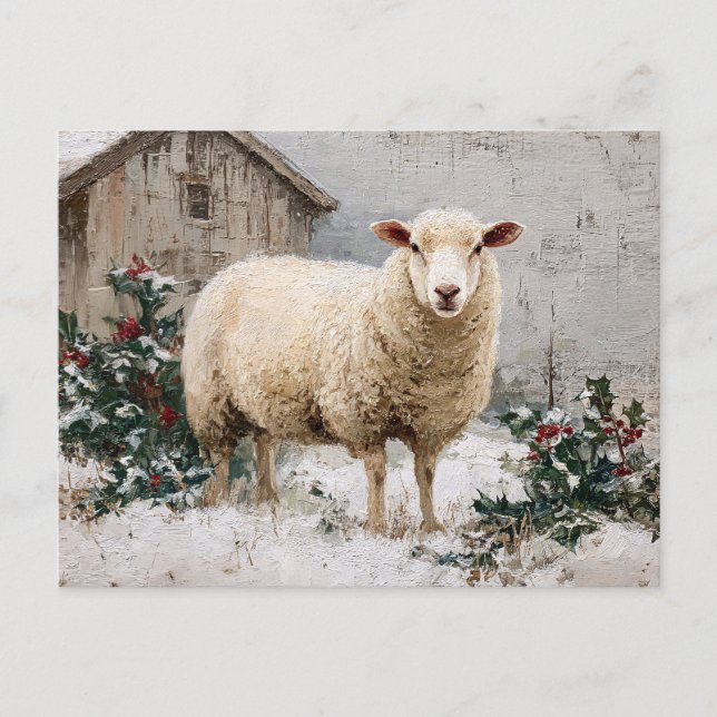 Sheep in Snowy Winter Scene Postcard (Front)