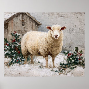 Sheep in Snowy Winter Scene Poster