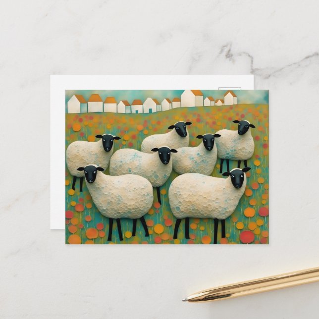 Sheep in the Field Little Houses in a Row Postcard (Front/Back In Situ)