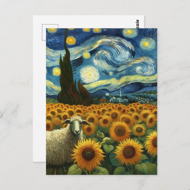 Sheep in the Sunflower Field A Faux Van Gogh  Postcard (Front/Back)