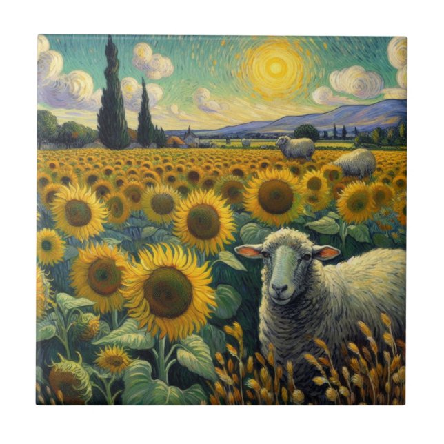 Sheep in the Sunflower Field Van Gogh Ceramic Tile (Front)