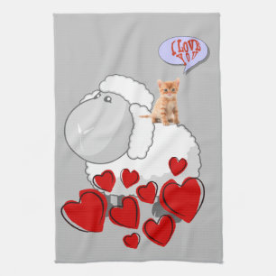 Sheep Kitten Red Hearts Kitchen Hand Towel