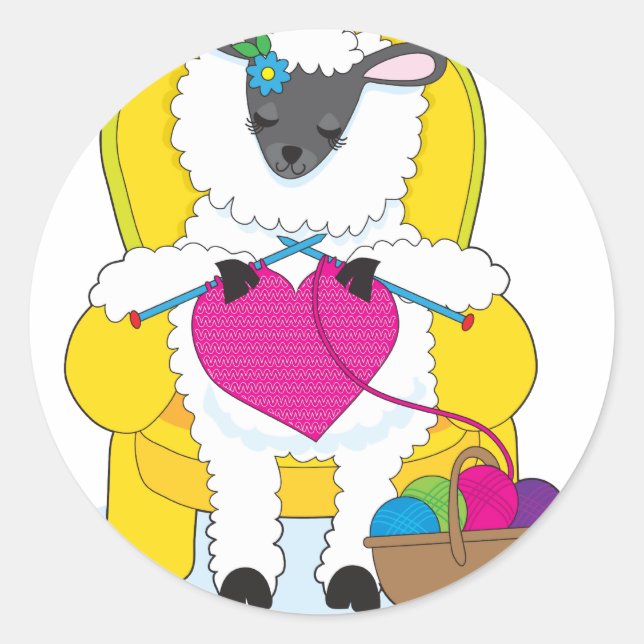 Sheep Knitting Heart Classic Round Sticker (Front)