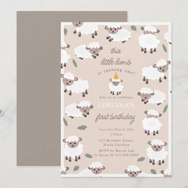 Sheep Lamb Cute Farm Party Animals 1st Birthday Invitation (Front/Back)