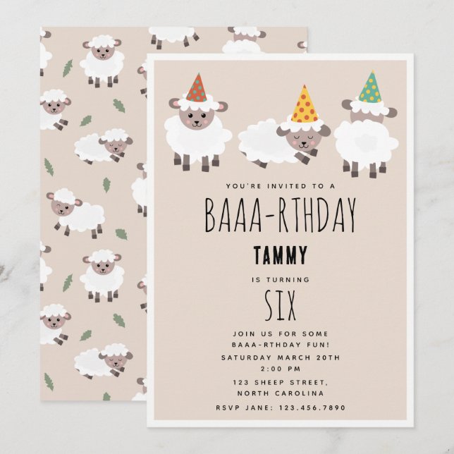 Sheep Lamb Cute Funny Farm Party Animals Birthday Invitation (Front/Back)