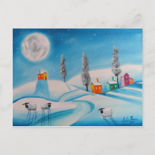 SHEEP MOON NAIVE FOLK PAINTING POSTCARD