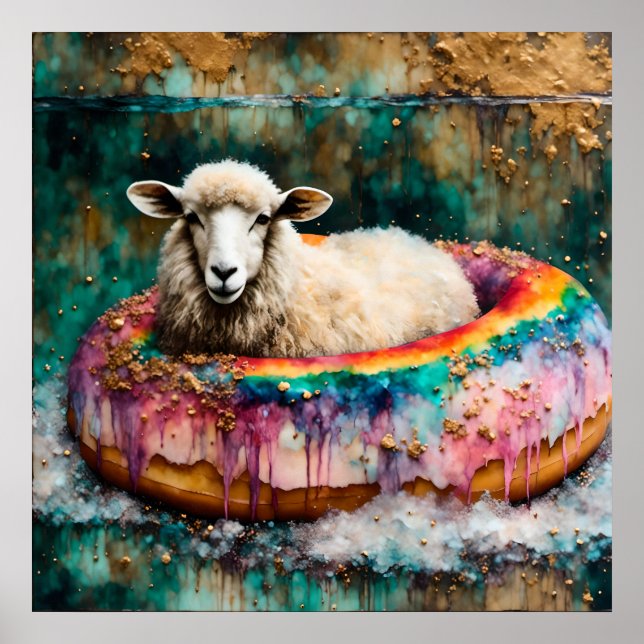 Sheep on a Rainbow Colour Floating Doughnut Poster (Front)
