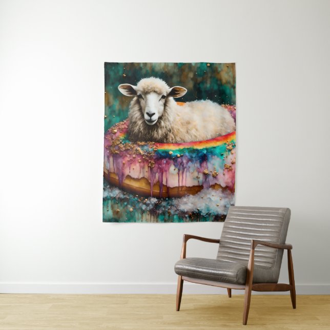 Sheep on a Rainbow Colour Floating Doughnut Tapestry (In Situ)