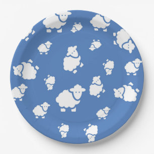 Sheep on blue background paper plate