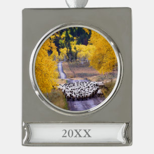 Sheep on Country Road Silver Plated Banner Ornament